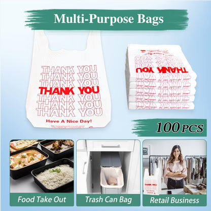 YoYoRain White Thank you T shirt bag, Grocery shopping bag Reusable and Disposable Supermarket Bag 11''x6''x21'' 100PCS