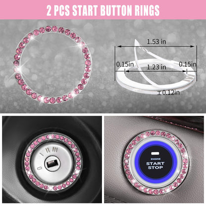 CAR PASS Bling Pink Car Accessories Set for Women, Sparkly Rhinestone Diamond Steering Wheel Cover Seat Belt Cushion Glitter Shift Knob Cover Car Cup Holder Coaster Cute Interior Sets, Pink 22 PCS