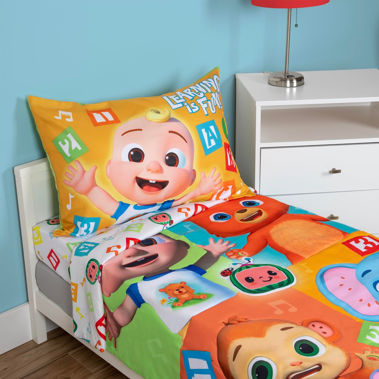CoComelon Learning is Fun 4 Piece Toddler Bedding Set – Includes Comforter, Sheet Set – Fitted + Top Sheet + Reversible Pillowcase for Boys and Girls Bed, Letters and Music Design, Orange