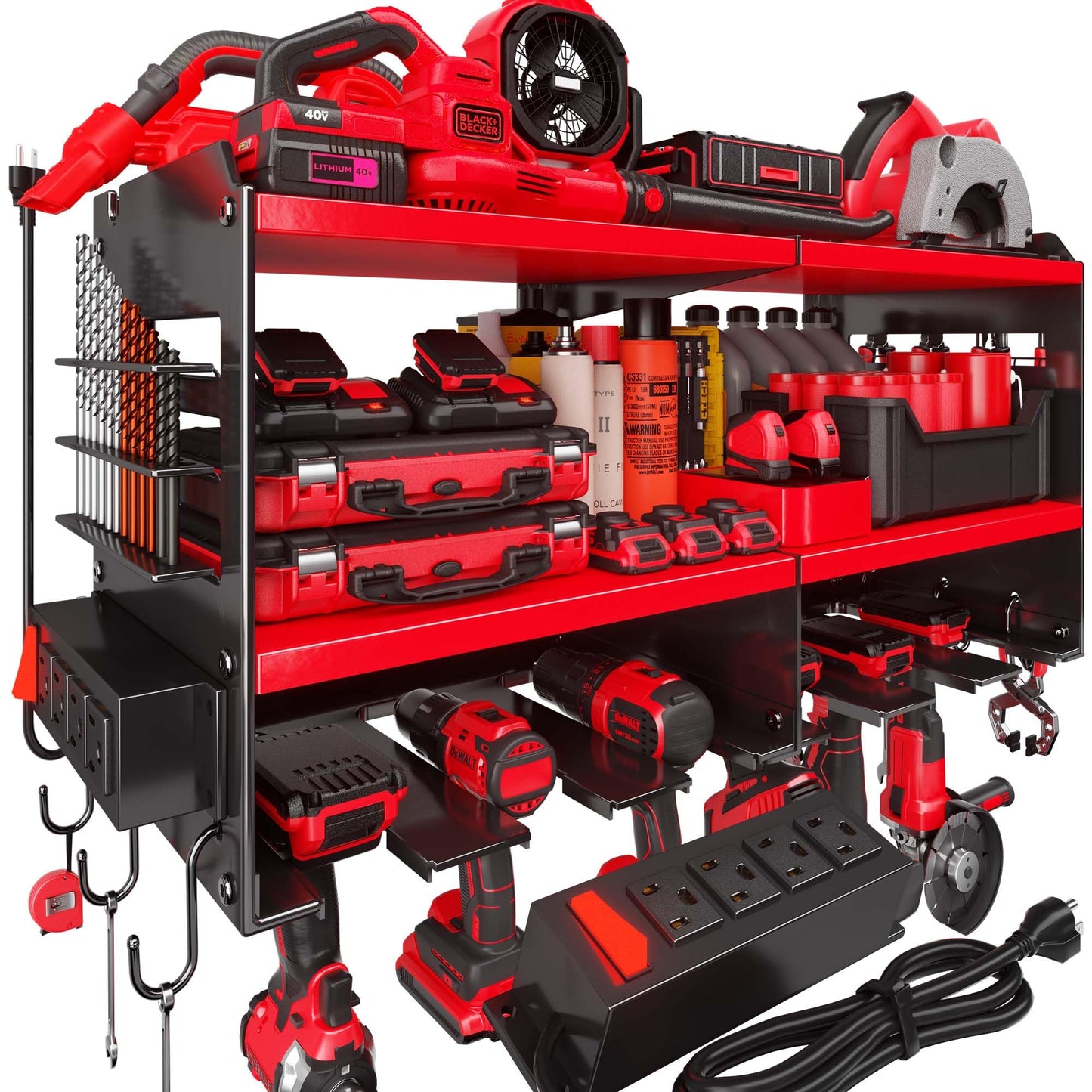 Spampur Power Tool Organizer with Charging Station, 6 Drill Holders Wall Mount, Heavy Duty Metal Premium Garage Tool Shelf, Gift for Man Cordless Tool Storage Rack with 4 Outlet Power Strip - Red