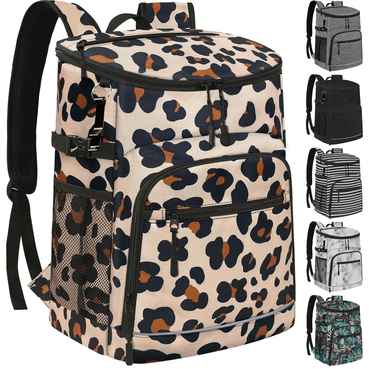 Cooler Backpack Insulated Leakproof Waterproof Backpack Cooler Bag 30 Cans, Large Capacity Lightweight Travel Camping Beach Drink Beverage Beer Bag Cooler Ice Chest for Men and Women, Leopard