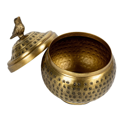 Creative Co-Op Round Hammered Metal Container with Bird Finial, Brass Finish