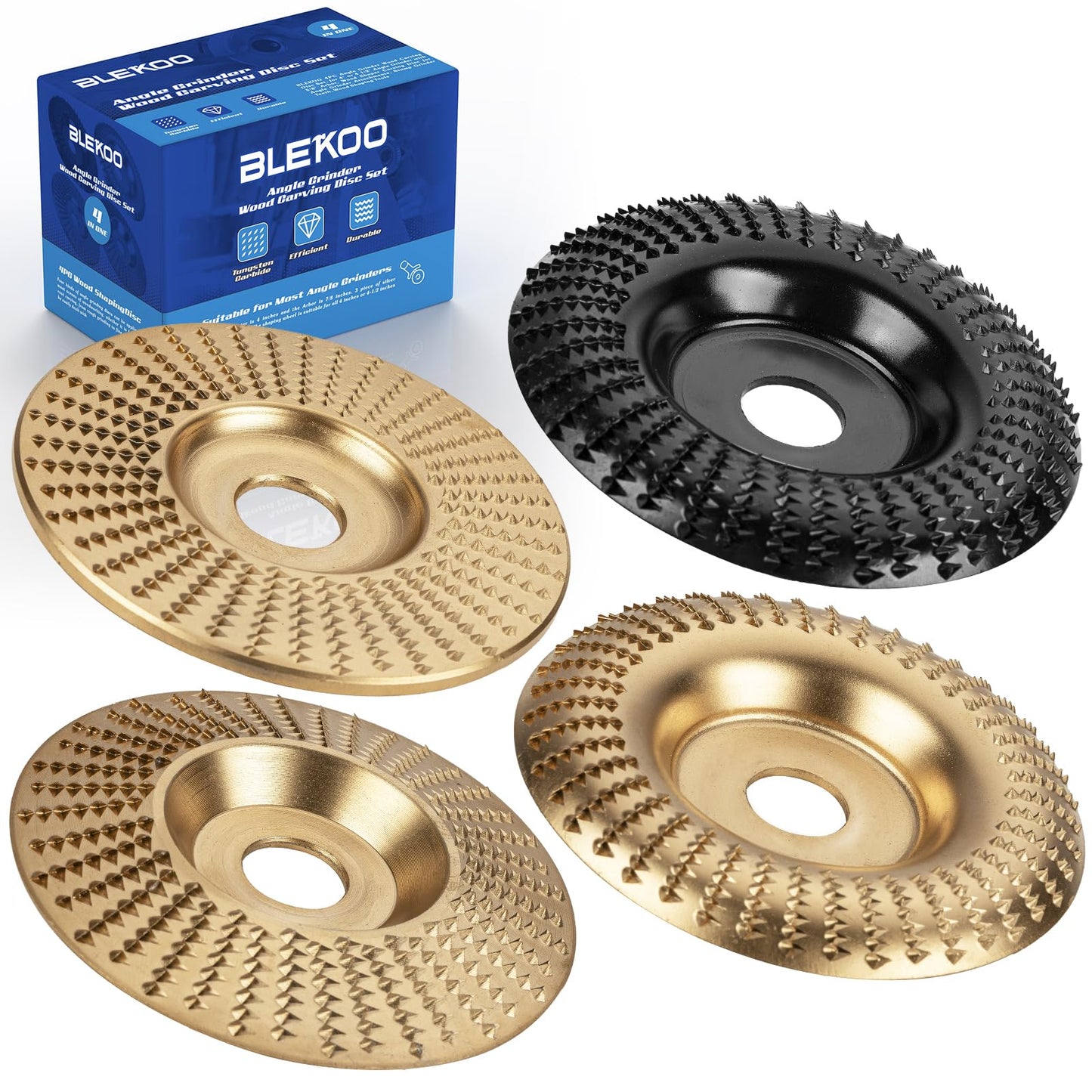 BLEKOO 4PC Angle Grinder Wood Carving Disc Set, for 4" or 4 1/2" Angle Grinder with 5/8" Arbor, Wood Shaper Carving Disc, Stump Grinder Teeth, Wood Shaping Tools