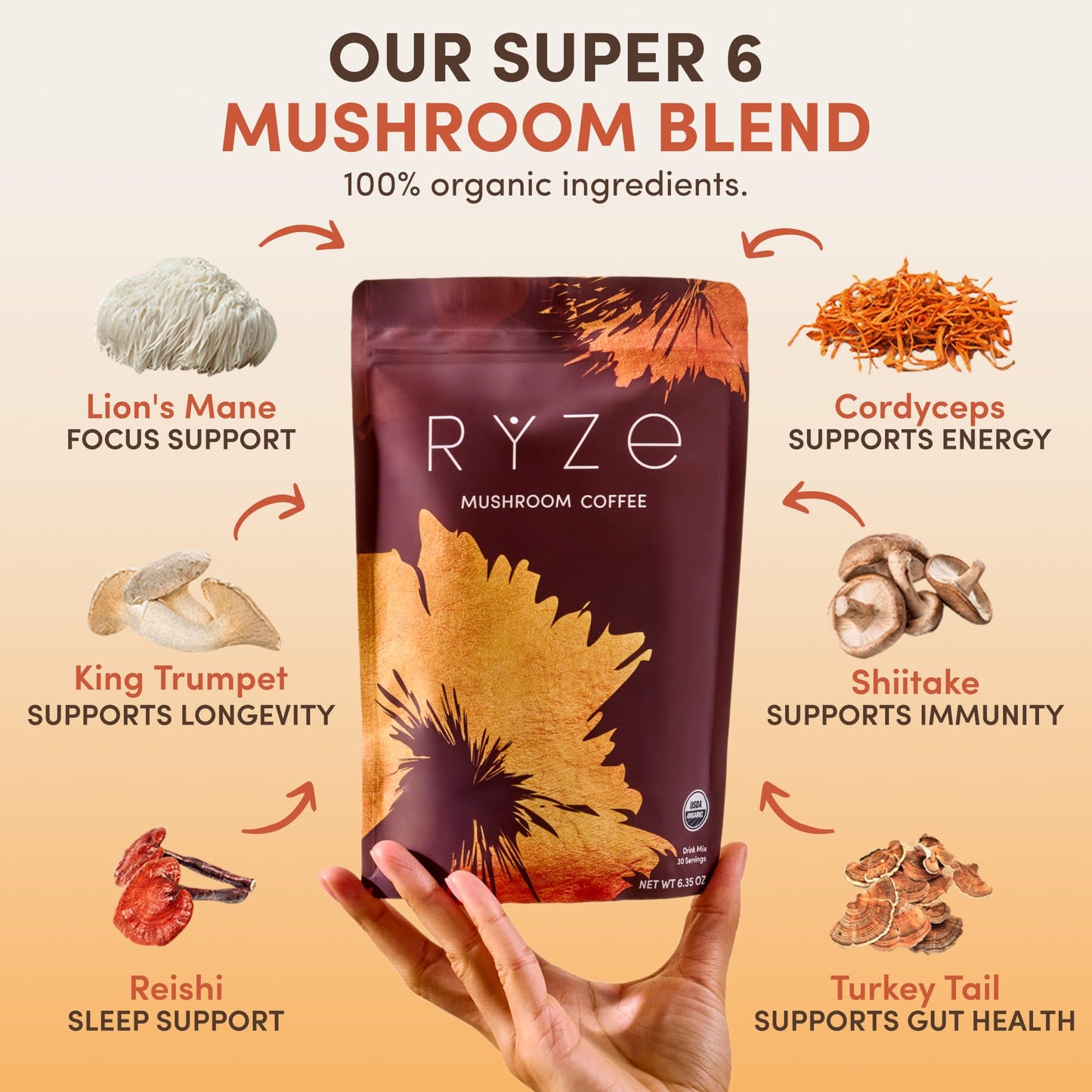 RYZE SUPERFOODS Mushroom Coffee USDA Organic with 6 Adaptogenic Mushrooms and MCT Oil, USA Grown Instant Coffee for Better Energy, Focus, Digestion, Immunity with Lions Mane & Turkey Tail, 30 servings