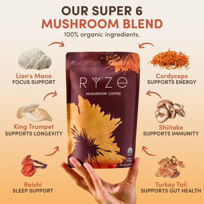 RYZE SUPERFOODS Mushroom Coffee USDA Organic with 6 Adaptogenic Mushrooms and MCT Oil, USA Grown Instant Coffee for Better Energy, Focus, Digestion, Immunity with Lions Mane & Turkey Tail, 30 servings