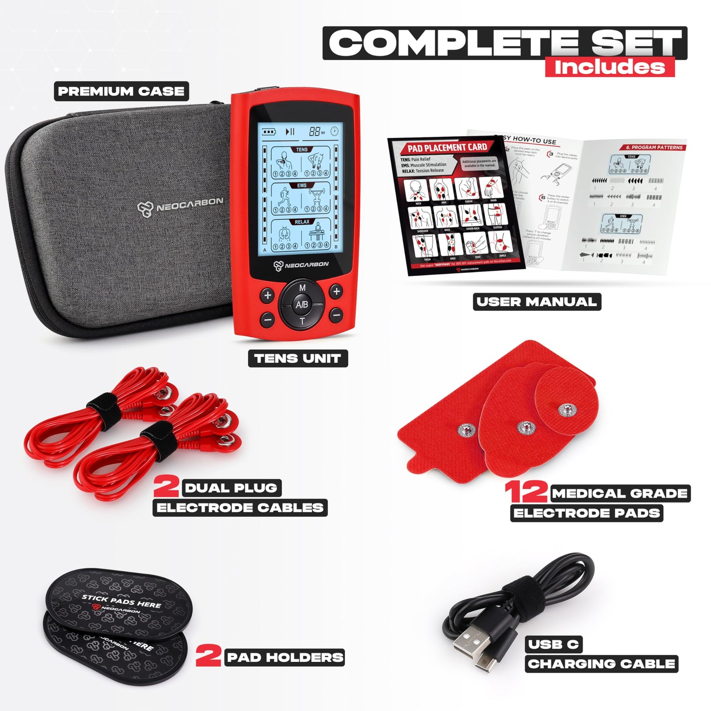 TENS Unit Muscle Stimulator, Electronic PMS Pulse Massager Machine for Shock Physical Therapy, Back Pain Relief, Shoulder Recovery, Red