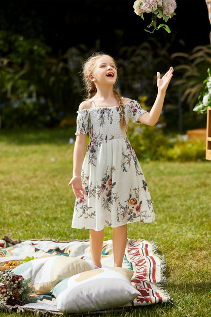 Arshiner Girl Short Sleeve Floral Print Cute Casual Fit and Party Dress White for 12-13 Years