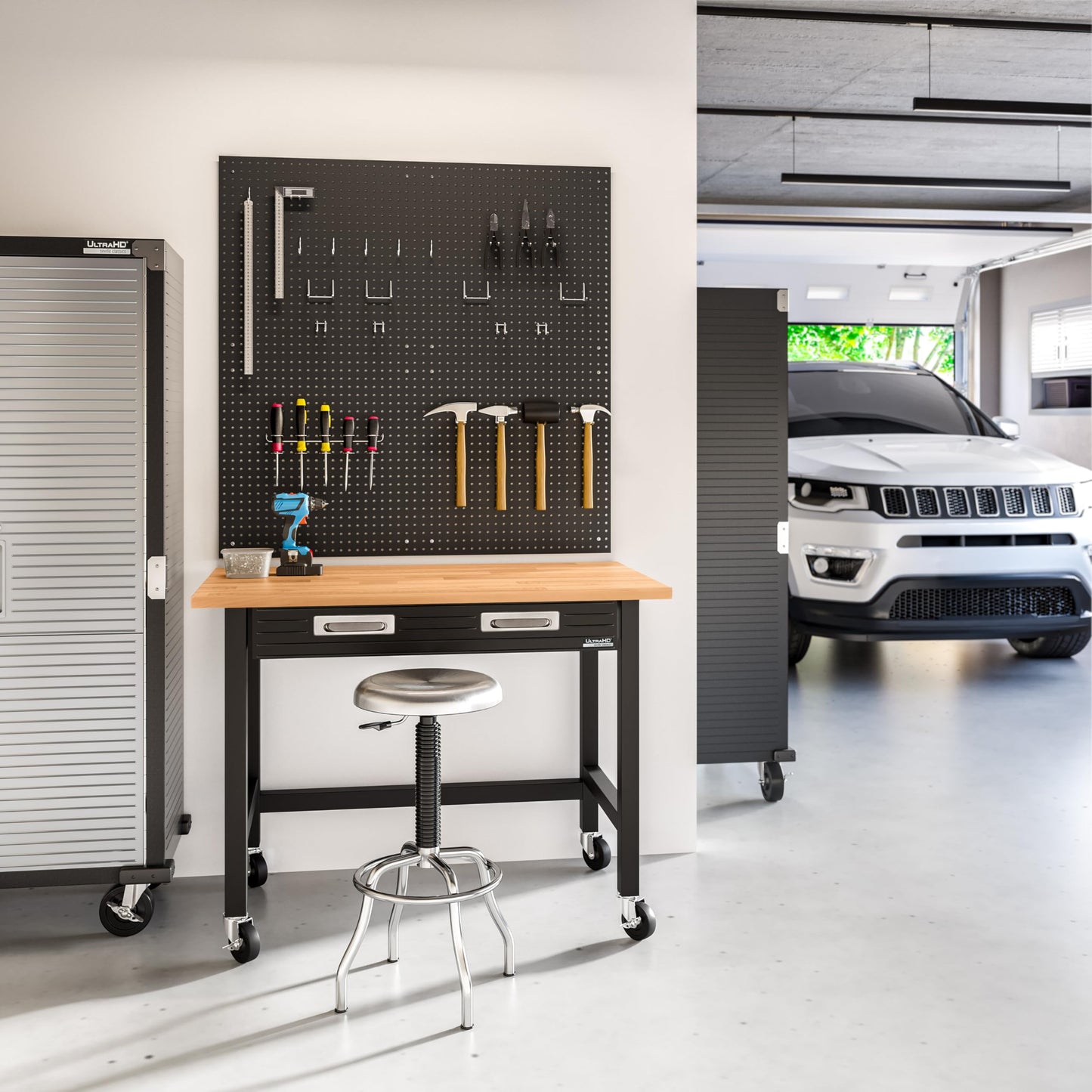 Seville Classics UltraGraphite Wood Top Workbench on Wheels with Sliding Organizer Drawer Table, 48", Graphite