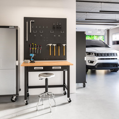 Seville Classics UltraGraphite Wood Top Workbench on Wheels with Sliding Organizer Drawer Table, 48", Graphite