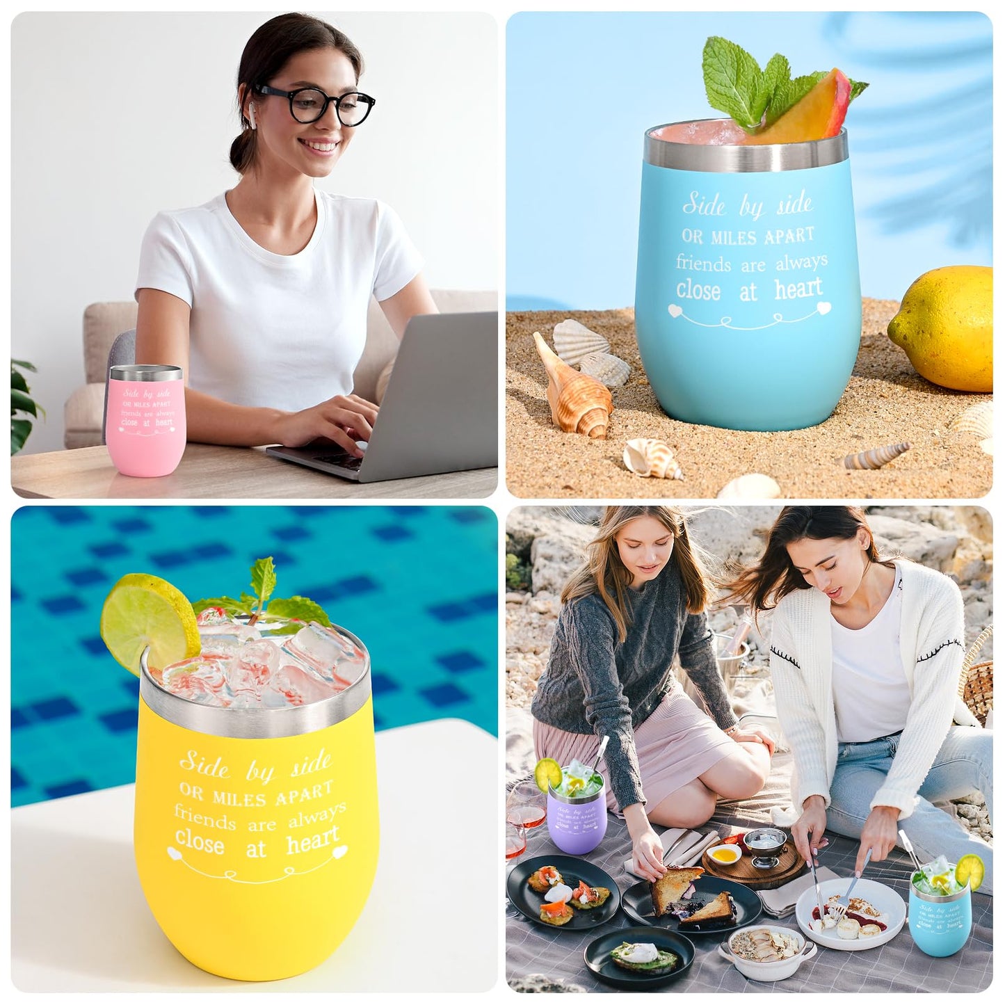 GINGPROUS 4 Pack Friend Wine Tumbler Set for Girls Trip Friendship Girls Weekend Long Distance Frineds, 12 Oz Stainless Steel Wine Tumbler with Lid and Straw, Mix Color