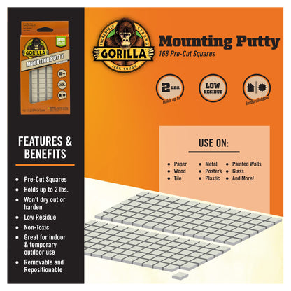 Gorilla Mounting Putty, Natural Tan Color, 168 Pre-Cut Squares (Pack of 1) - Non-Toxic Removable & Repositionable Wall Putty
