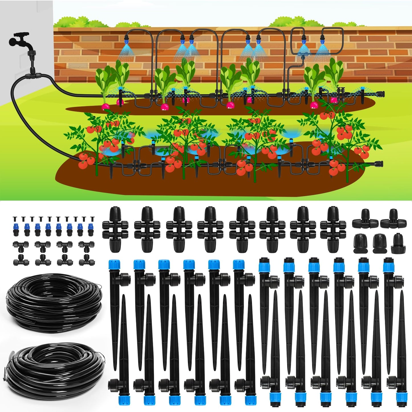 Bonviee Drip Irrigation System, 230FT Garden Watering System with Quick-to-Connect Fittings, Adjustable Drip Emitters, 1/4” & 5/16” Tubing, Drip Irrigation Kit for Raised Garden Beds, Greenhouse, Lawn
