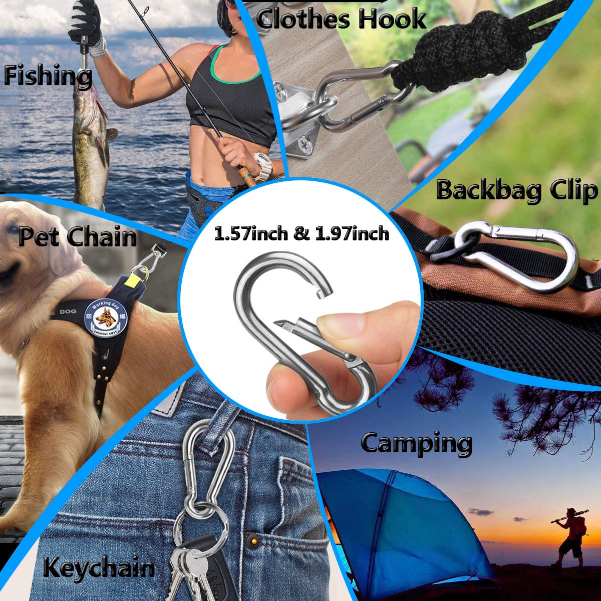 Spring Snap Hooks, 304 Stainless Steel Metal Clip Heavy Duty Rope Connector Small Snap Clamp Key Chain Link Buckle for Hammock Swing Set Outdoor Travel Camping Fishing Hiking
