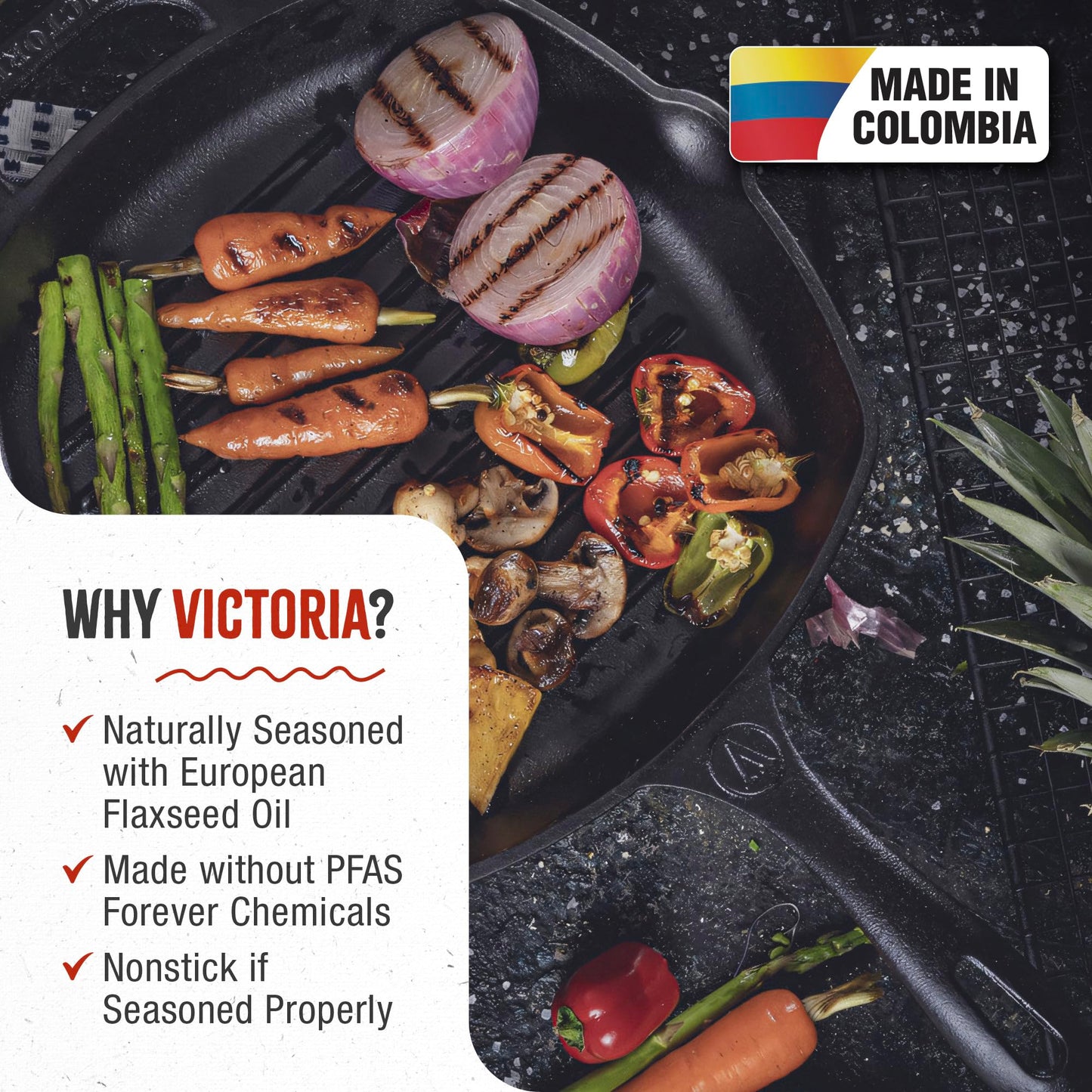 Victoria Cast Iron Grill Pan, Square Grill Pan, Cast Iron Griddle Pan, Seasoned with 100% Kosher-Certified, Non-GMO Flaxseed Oil, Black, 10 Inches