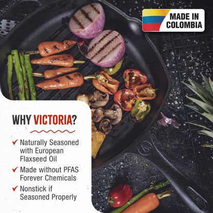 Victoria Cast Iron Grill Pan, Square Grill Pan, Cast Iron Griddle Pan, Seasoned with 100% Kosher-Certified, Non-GMO Flaxseed Oil, Black, 10 Inches