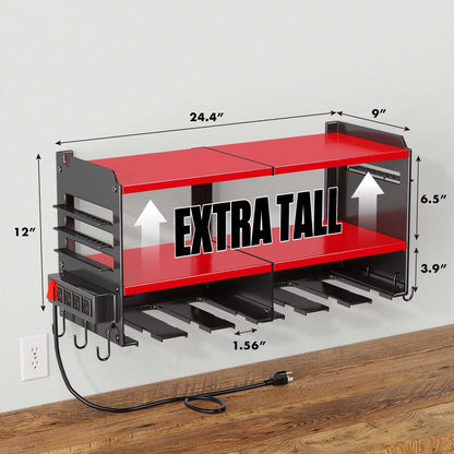 Spampur Power Tool Organizer with Charging Station, 6 Drill Holders Wall Mount, Heavy Duty Metal Premium Garage Tool Shelf, Gift for Man Cordless Tool Storage Rack with 4 Outlet Power Strip - Red