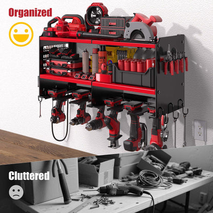 Spampur Power Tool Organizer with Charging Station, 6 Drill Holders Wall Mount, Heavy Duty Metal Premium Garage Tool Shelf, Gift for Man Cordless Tool Storage Rack with 4 Outlet Power Strip - Red