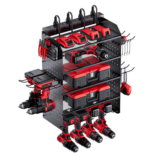 TRZZ Power Tool Organizer Wall Mount, 5-Layer Charging Station with 8 Outlets, 6 Drill Holders, 2 Side Pegboards, and Drill Bit Rack for Garage, Workbench, and Workshop (Black)