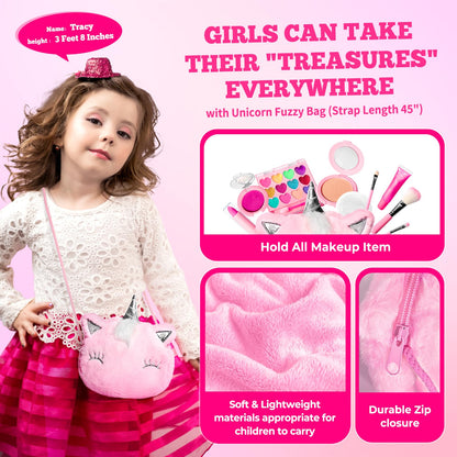 ULOVEME Kids Real Makeup Kit for Girls with Fluffy Purse - Real, Non Toxic, Washable Make Up Toy - Umicorn Toys Gift for 3 4 5 6 7 8 Years Old Girls Birthday (Pink Umicorn)