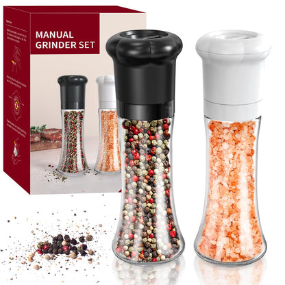 CIRCLE JOY Manual Salt and Pepper Grinder Set For Professional Chef, Refillable Salt and Pepper Shakers with Ceramic Blades, Adjustable Coarseness and BPA-free 180ml Glass Container, Tall Black White