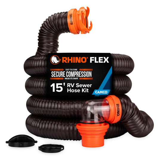 Camco RhinoFLEX 15-Ft RV Sewer Hose Kit - Features Clear Elbow Fitting w/Removable 4-in-1 Adapter - Connects to 3” Slip or 3”/3.5”/4” NPT Threaded Sewer Connection (39770)