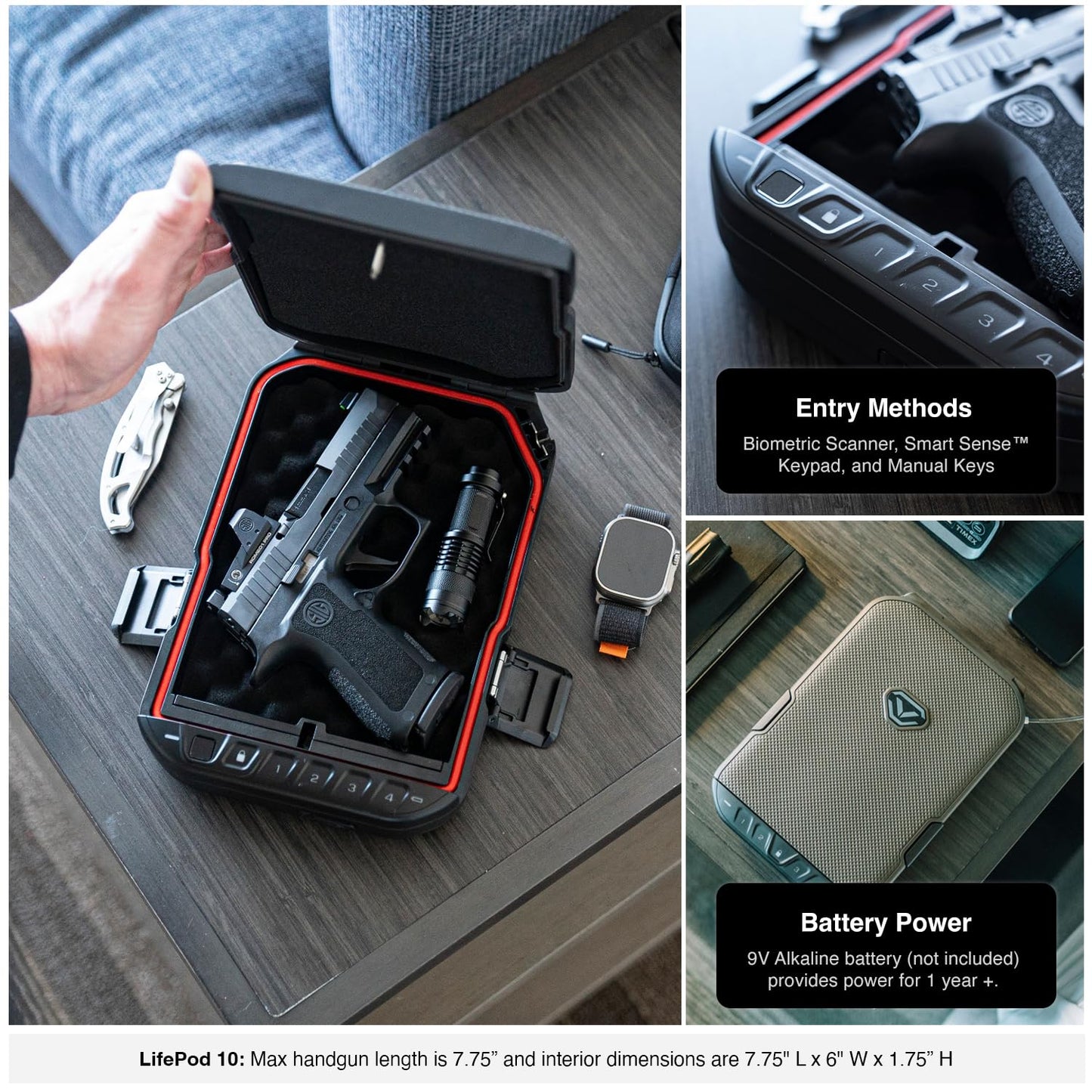 VAULTEK LifePod Secure Waterproof Travel Case Rugged Electronic Lock Box Travel Organizer Portable Handgun Case with Backlit Keypad (Covert Black) (Biometric)