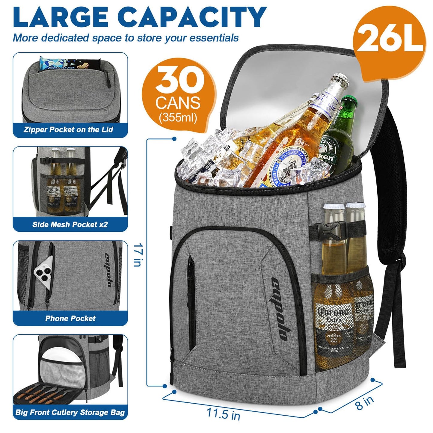 Capolo Cooler Backpack 30 Cans, Insulated Backpack Cooler Leak Proof Large Capacity Thermal Bag Beverage Soft Cooler Bag Lunch Camping Travel Picnic Hiking for Men Women Gray