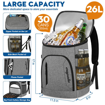 Capolo Cooler Backpack 30 Cans, Insulated Backpack Cooler Leak Proof Large Capacity Thermal Bag Beverage Soft Cooler Bag Lunch Camping Travel Picnic Hiking for Men Women Gray
