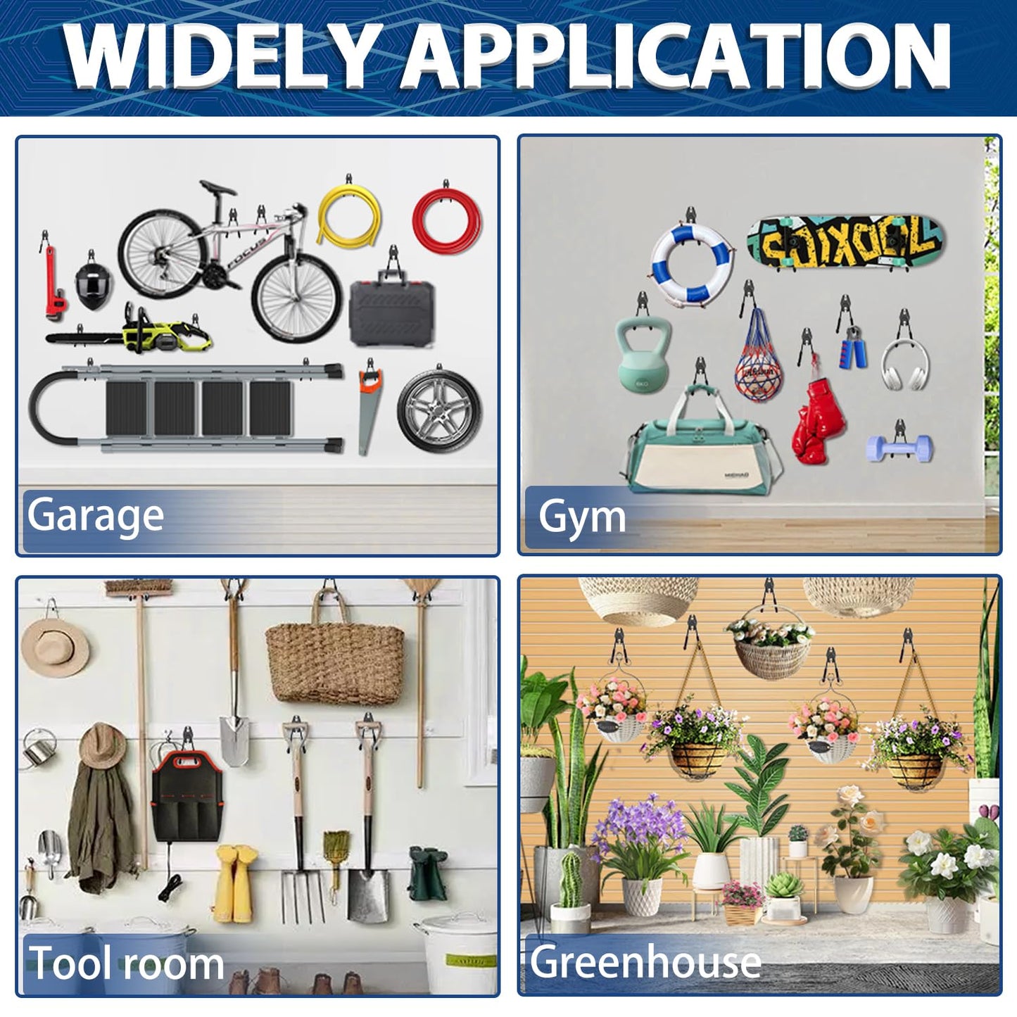 3-H Garage Wall Hooks 14 Pack, Garage Hooks Heavy Duty with Extra Welding Spots, Wall Mount Storage Organizer for Hanging Garden Lawn Tools, Ladder, WeedEater, Chair, Shovel, Blower (Black)