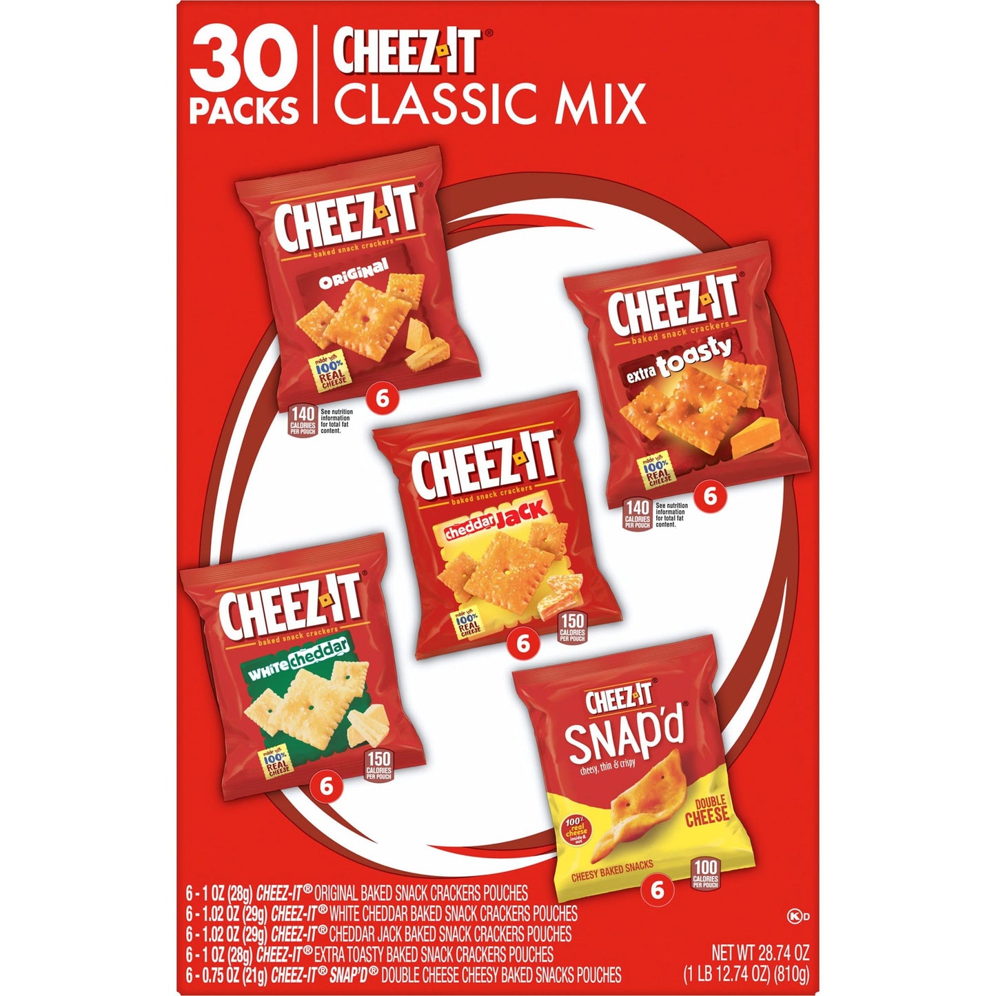 Cheez-It Cheese Crackers, Baked Snack Crackers, Office and Kids Snacks, Variety Pack, 28.74oz Box (30 Packs)