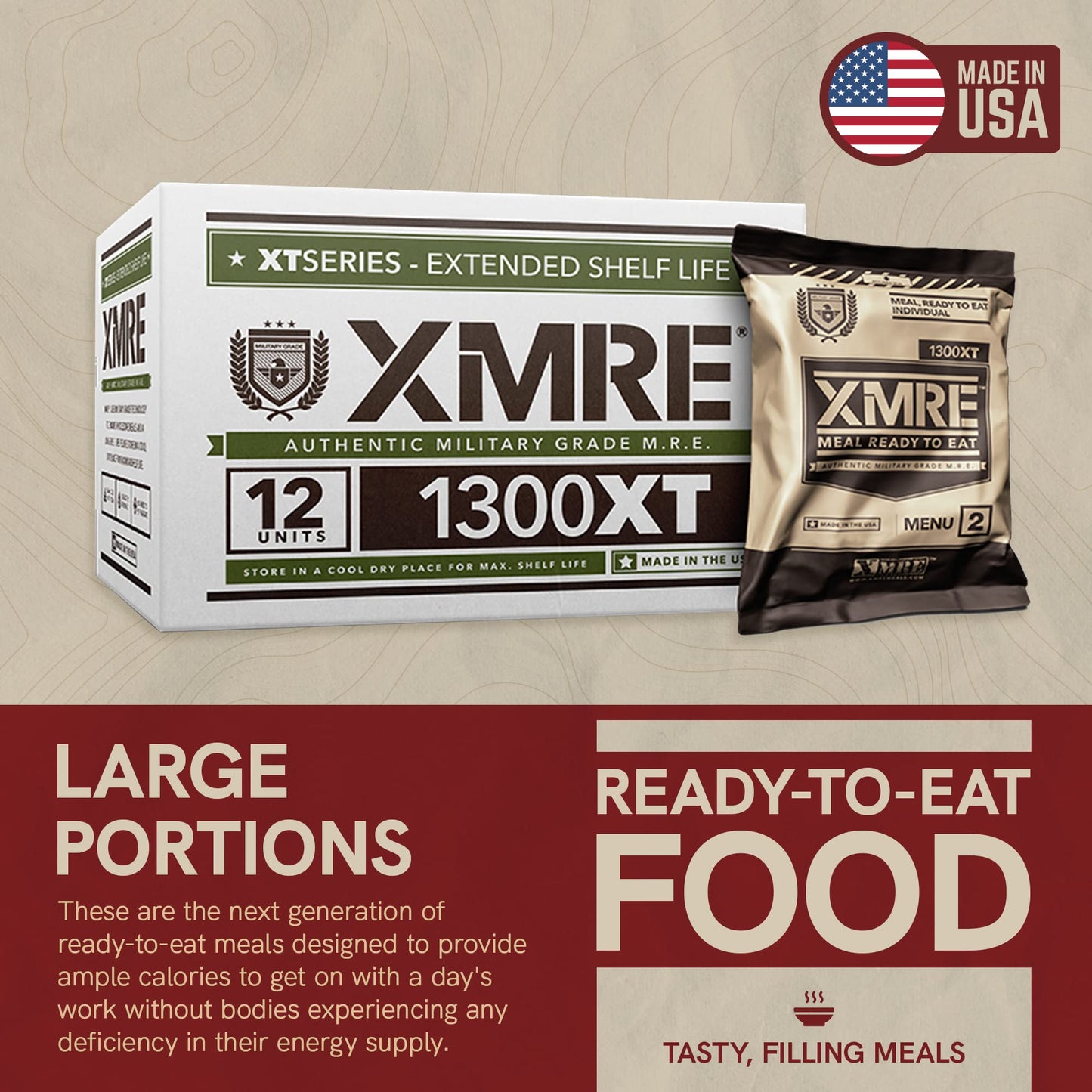 XMRE 1300XT MRE Meals 2022 Bulk | Military Grade | For Survival Kits & Hurricane Preparedness Items | Emergency Food Supplies | Food Packs w/ Flameless Ration Heater | USA Made