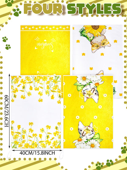 Bencailor 4 Pcs Cat Kitchen Towels Yellow Floral Cute Kitty Hand Dish Towels Fast Drying Kitty Decorative Tea Dishcloth Housewarming Gift for Cat Lovers Cooking Kitchen Bathroom Decor
