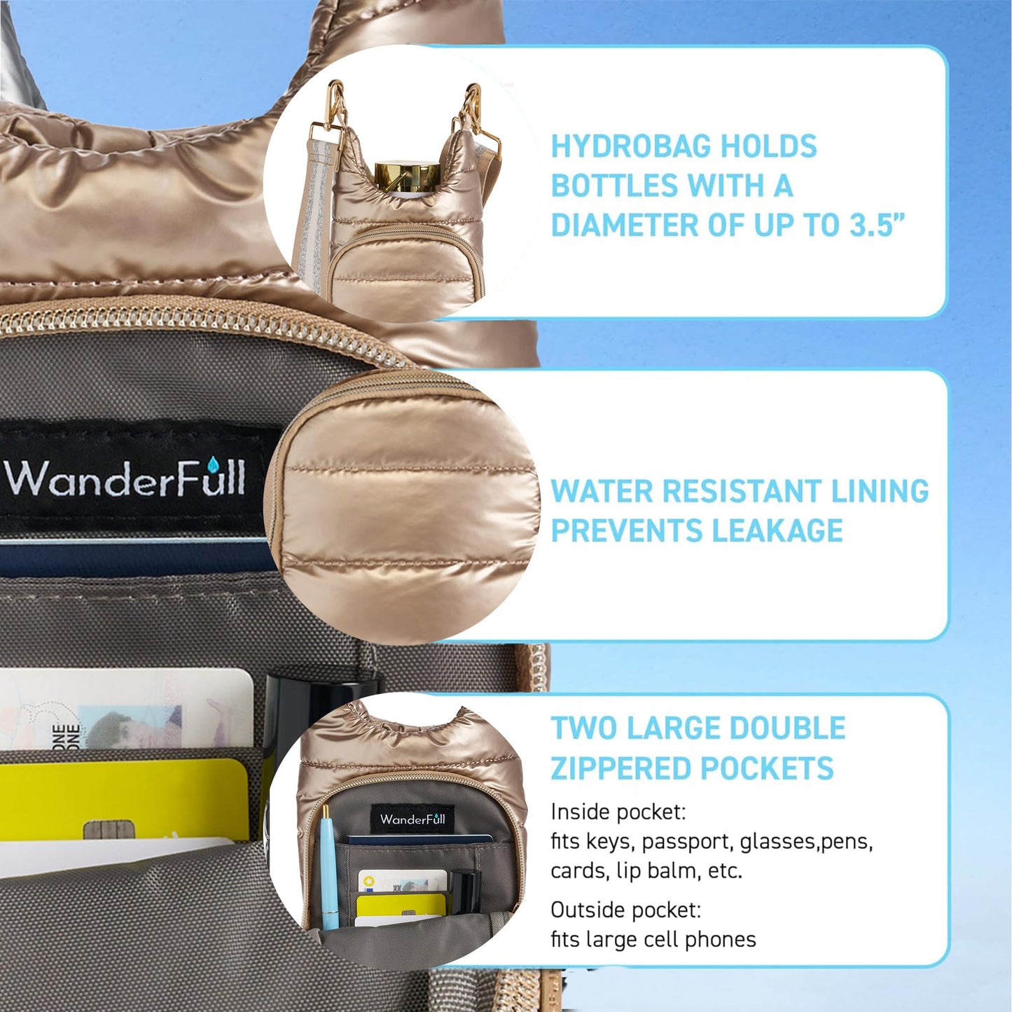 WanderFull® Original HydroBag® Fits Up to 32 oz Water Bottle Holder with Strap - Hands-Free Crossbody Water Bottle Carrier Bag with Phone Pocket - Light Gold
