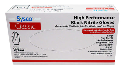 Sysco Nitrile High Performance Gloves, Powder Free, Food Grade, Disposable (100 Gloves Pack) (Large - Black)