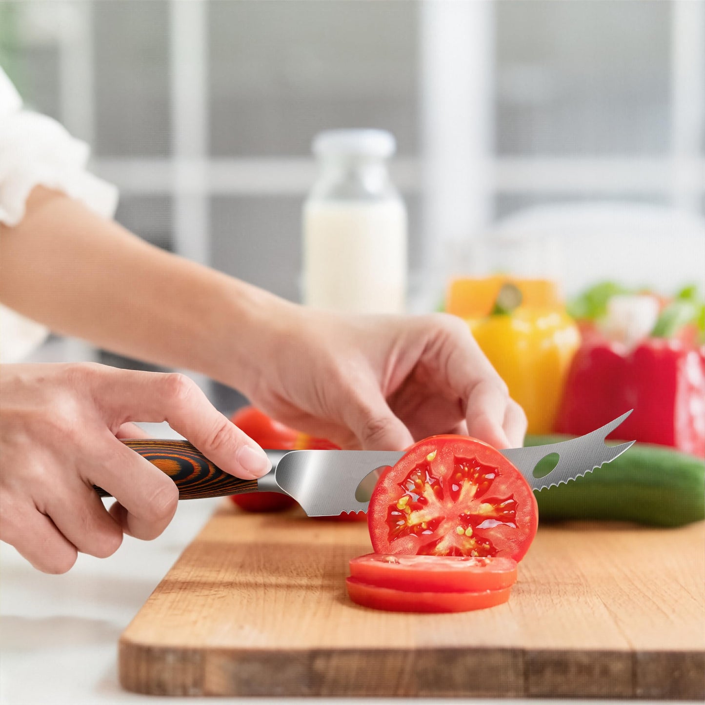 TUO Cheese Knife, Tomato Knife 5.5" Serrated Blade, High Carbon German Steel, Mutil-Use Non Stick Design, Pakkawood Handle - Fiery Phoenix Series
