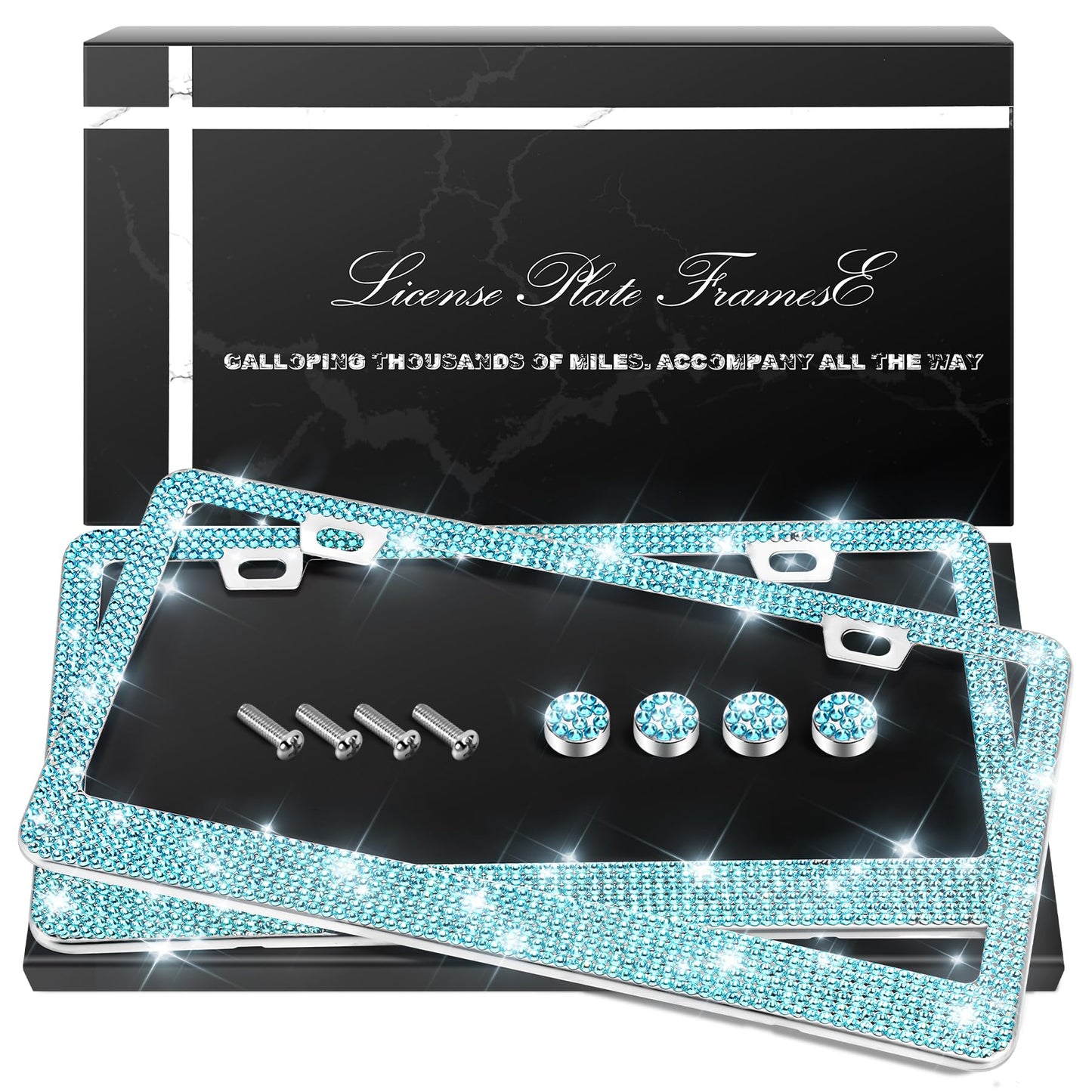 QUANQIUFEI 2 Pack Bling License Plate Frames, Sparkly Rhinestone Diamond Car License Plate Cover for Women, Stainless Steel Car Accessories with Glitter Crystal Caps (Aqua Bohemica)