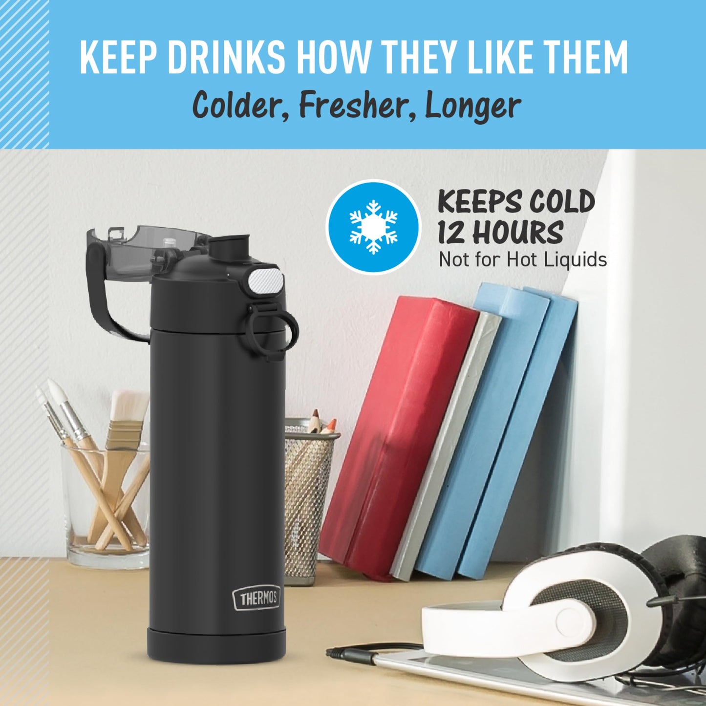 THERMOS FUNTAINER 16 Ounce Stainless Steel Vacuum Insulated Bottle with Wide Spout Lid, Black Matte