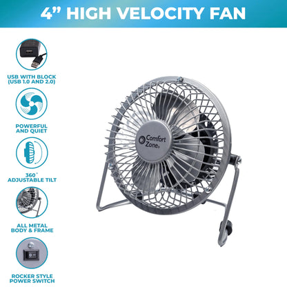 Comfort Zone 4-inch All-Metal Desk Fan with USB or Power Cord, Single Speed, 360 Degree Adjustable Tilt, Compact & Durable Mini Electric Fan for Home, Office or Travel Use, Black