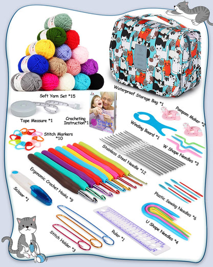 Aeelike Crochet Kit for Beginners with 15 Colors Yarn and Introduction Book, 71pcs Crochet Starter Kit Everything for Adult, Learn to Crochet Kit with Soft Grip Crochet Hooks and Blue Cat Bag