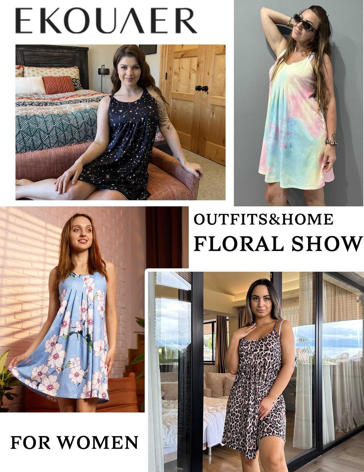 Ekouaer Women Nightgowns Sleeveless Sleepwear Spaghetti Strap Racerback Pajama Dress Nightshirt Sun Priint M