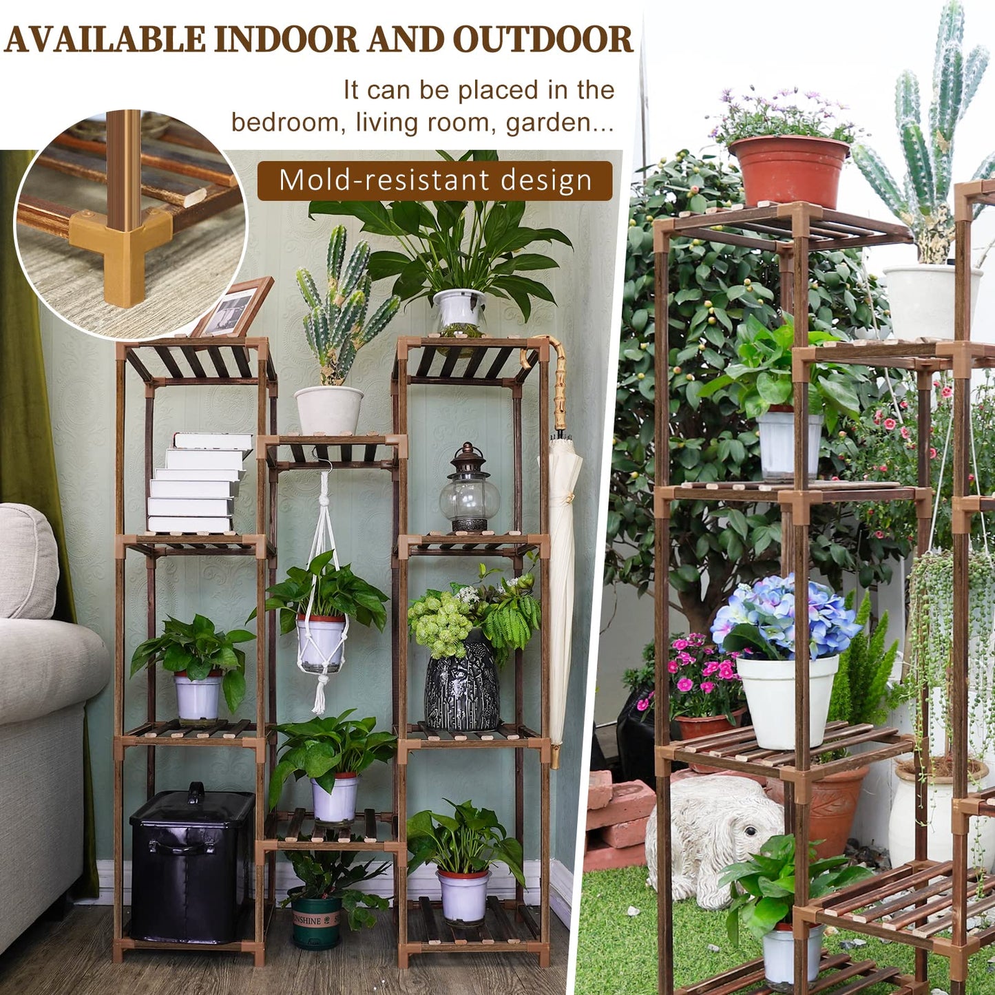 Uneedem Tall Shelf Stand Indoor Outdoor for Multiple Plants, 10 tiers 11 Pot Wood Plant Holder Rack for Room Corner Balcony Garden Patio Brown Large
