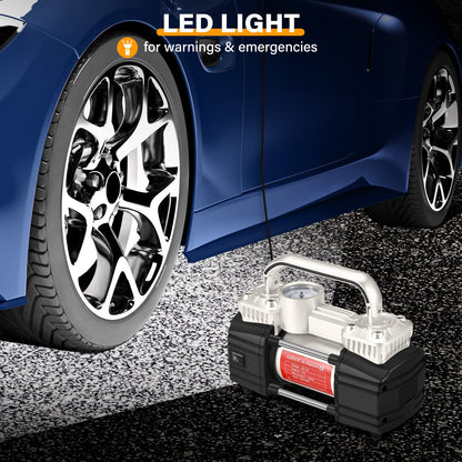 GSPSCN Portable Air Compressor Pump Dual Cylinder Heavy Duty Tire Inflator with LED Light,150 PSI 12V Air Pump with Tire Repair Kit and Toolbox for Auto,SUV,Truck tires etc Silver
