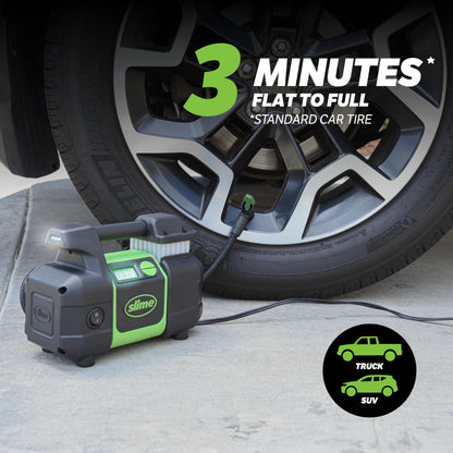 Slime 40063 Tire Inflator, Portable Car, SUV, 4x4 Air Compressor, Elite Heavy Duty, Inflate Right Automatic Shut Off, with Digital 99 psi Display, Long Hose and LED Light, 12V, 3 min Inflation