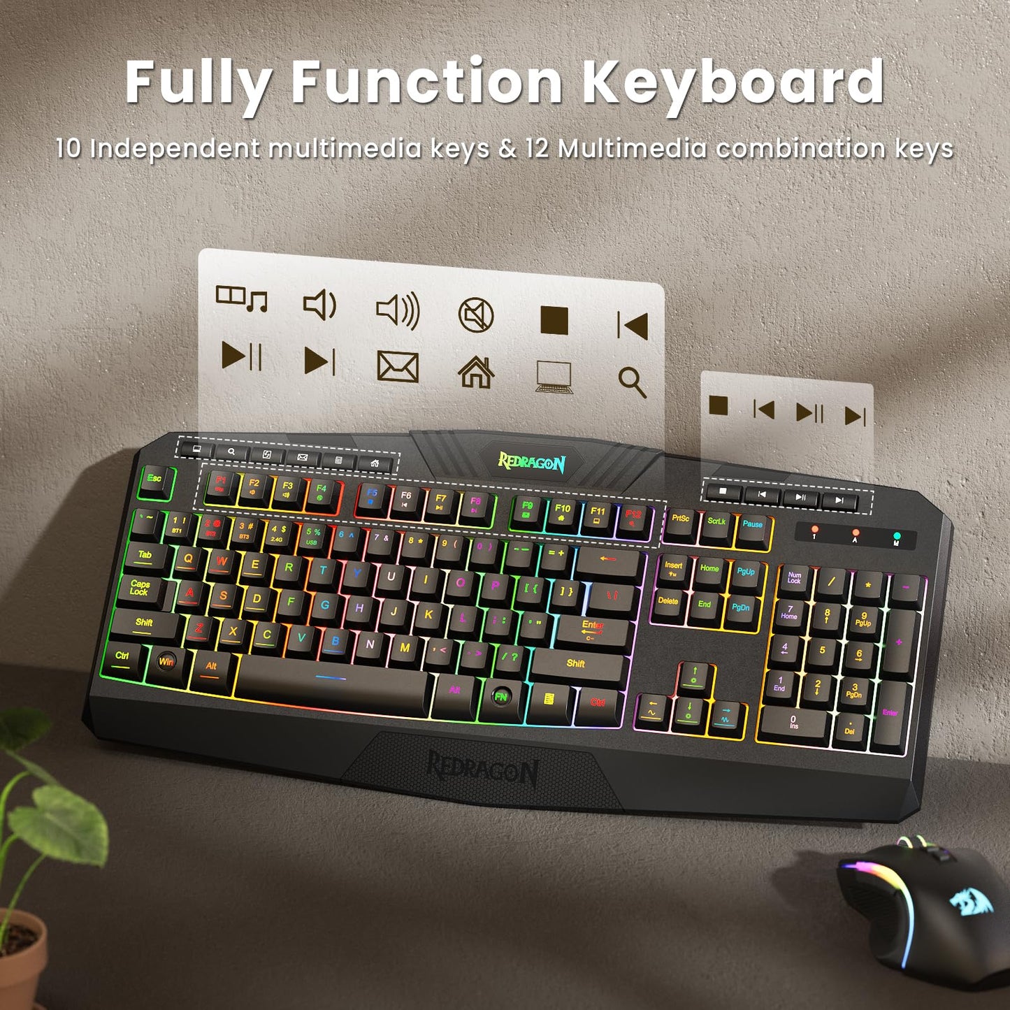 Redragon S101M-KS Gaming Keyboard and Mouse Wireless with Tri-Mode, RGB Keyboard and 4800 DPI Gaming Mouse, 10 Independent Multimedia Keys for Wins, PC, Computer, Wireless S101 Ideal for Gamer