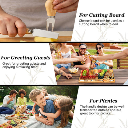 UTCG Bamboo Charcuterie Board Set - Large Folding Cheese Board with Knife Set - Unique White Elephant Gift, House Warming Gift, Wedding Gifts - 22.8 x 11.4 Inches