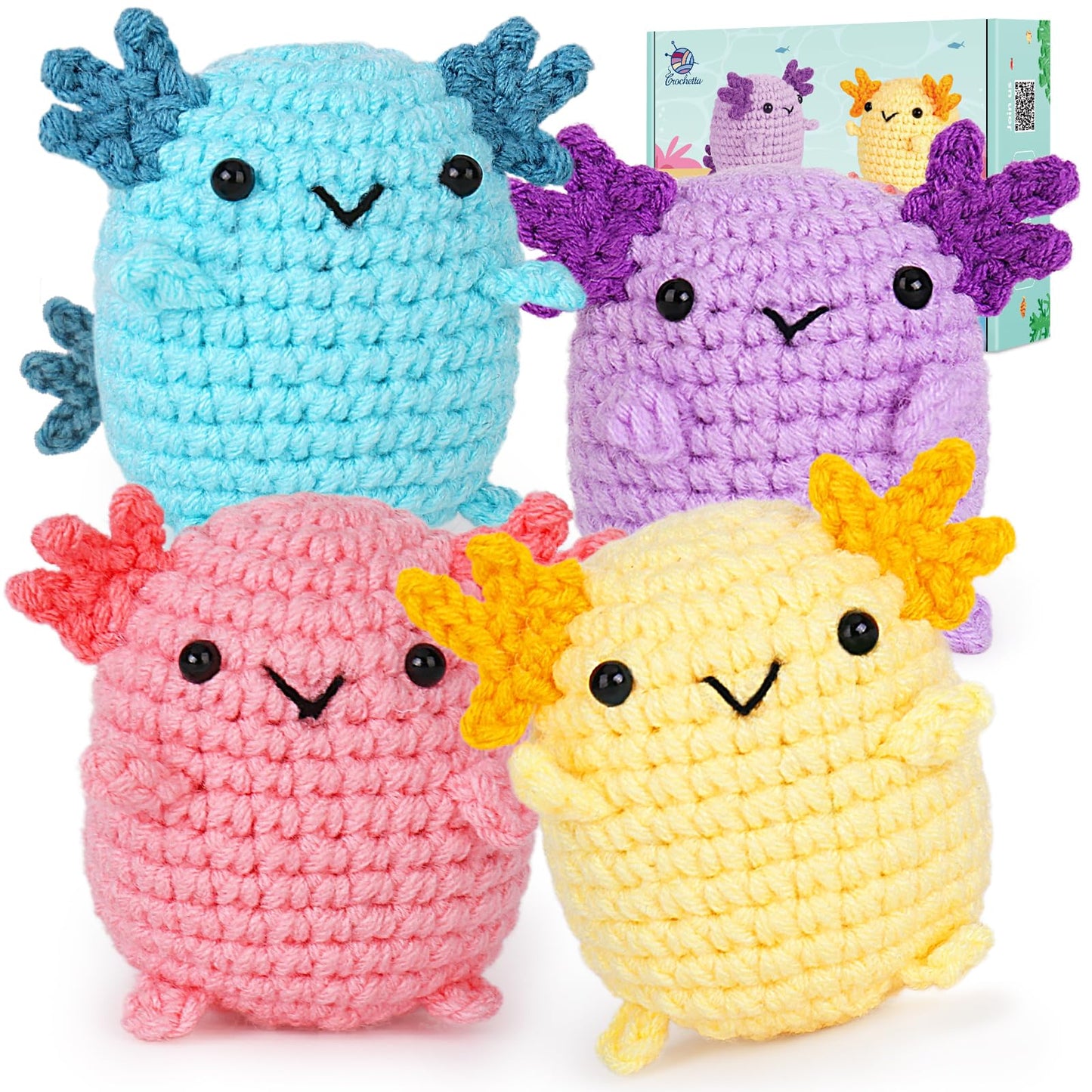 Crochetta Crochet Kit for Beginners, Crochet Starter Kit w Step-by-Step Video Tutorials, Beginner Crochet Kit for Adults Kids Women Men Complete Kit Included (4 Mini Axolotls)