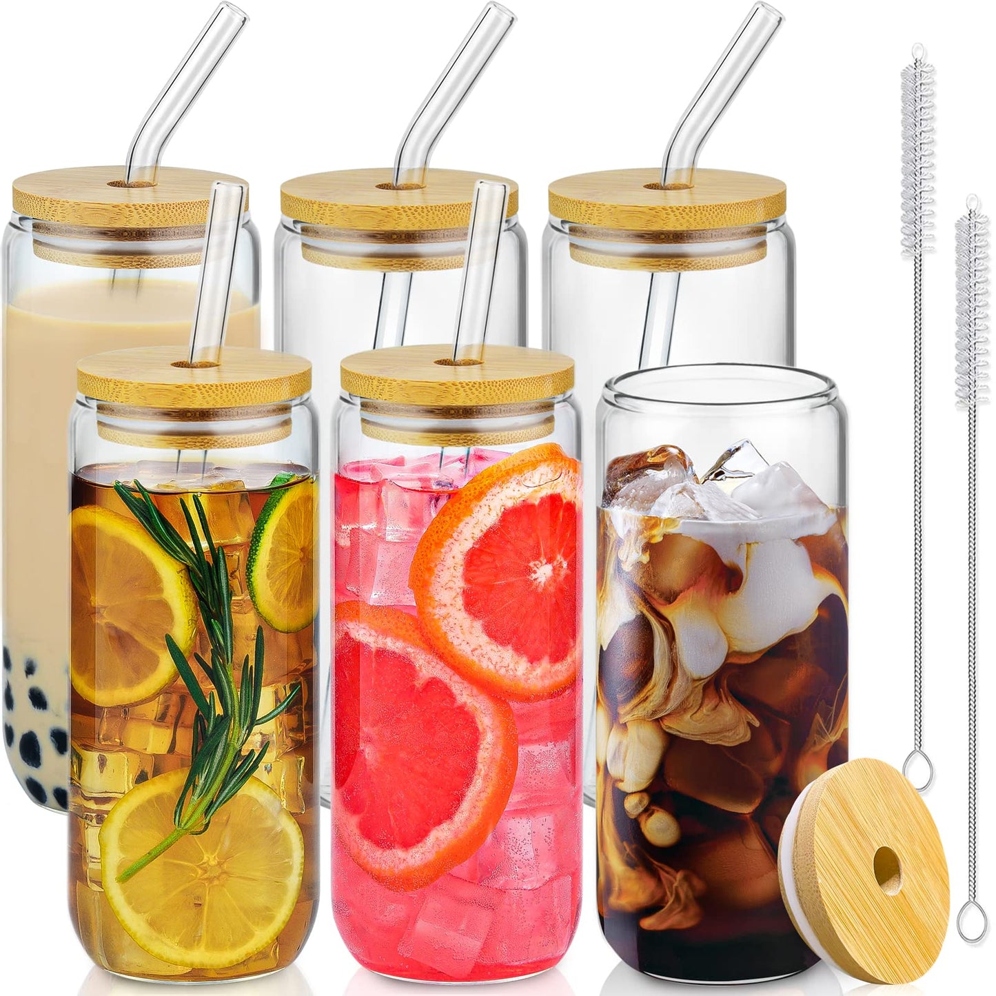 SENTVEND 20 Oz Drinking Glasses with Bamboo Lids and Glass Straw - 6 Pcs Glass Cups Beer Ice Coffee Glasses Cute Aesthetic Cup Great for Coffee Bar Accessories Include 2 Cleaning Brushes