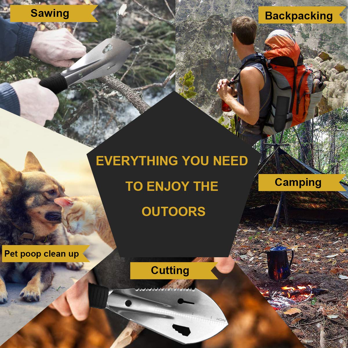 Yeacool Backpacking Shovel, Camping Hand Trowel, Lightweight Hiking Shovel, Small Potty Multitool with Carrying Pouch for Digging, Metal Detecting, Gardening, Survival and Outdoor