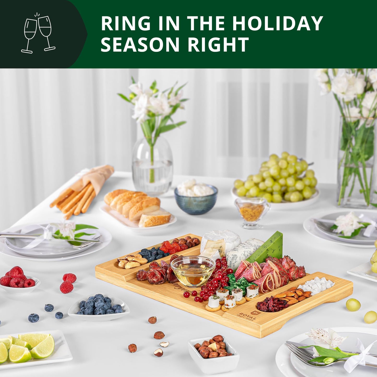 ROYAL CRAFT WOOD Charcuterie and Cheese Board - Large Bamboo Cheese Board - Serving Tray Platter - House Warming Gifts New Home, Gifts for Dad Fathers Day Dad Gifts from Daughter Son Wife - 15.5"x10"