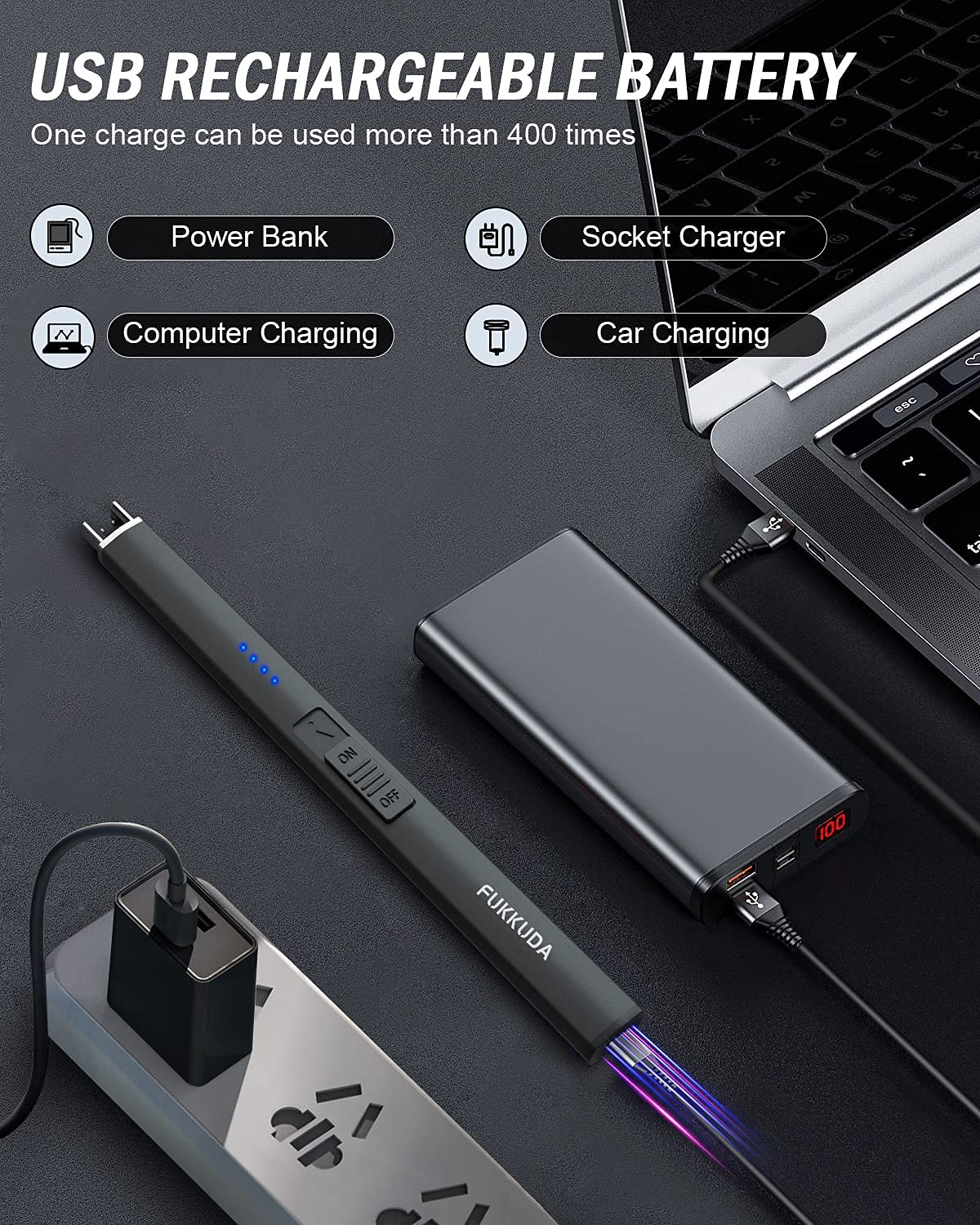 FUKKUDA Electric Candle Lighter with Safety Switch - USB Rechargeable Windproof & Flameless Plasma Arc Lighter for Easter Basket Stuffers (Obsidian Black)